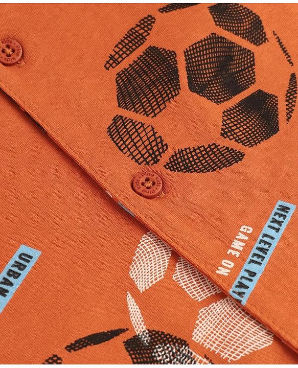 Pine Kids 100% Cotton Knit Front Open Full Sleeve Shirt & Pyjama Night Suit With Football Print - Orange