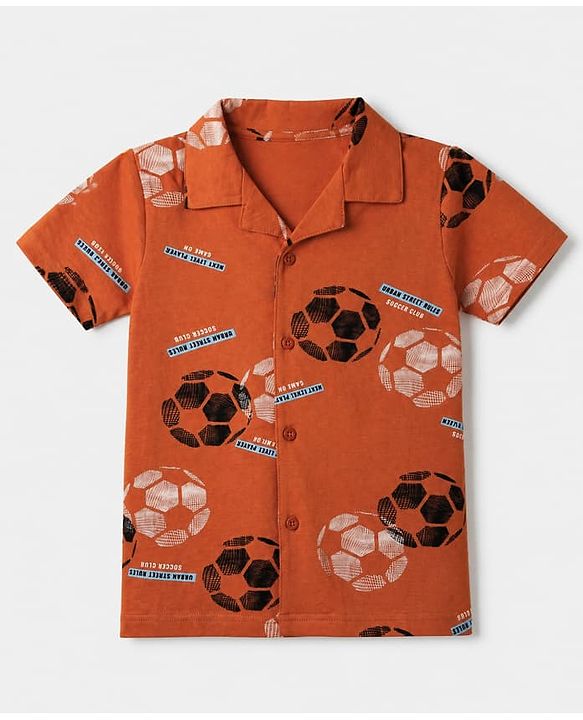 Pine Kids 100% Cotton Knit Front Open Full Sleeve Shirt & Pyjama Night Suit With Football Print - Orange