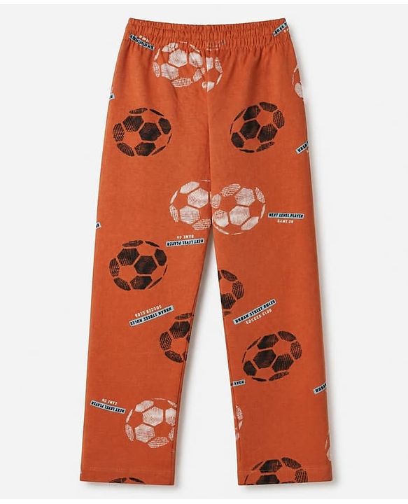 Pine Kids 100% Cotton Knit Front Open Full Sleeve Shirt & Pyjama Night Suit With Football Print - Orange