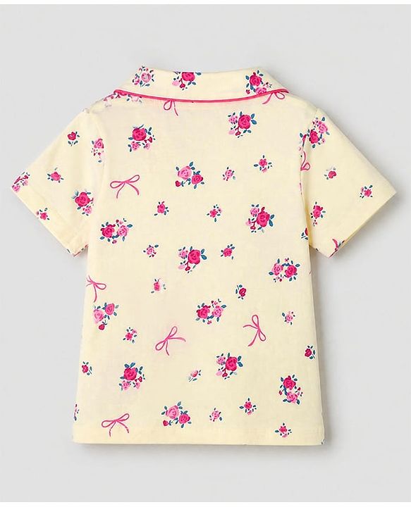 Pine Kids 100% Cotton Knit Half Sleeves Shirt & Pyjama Night Suit With Floral Print & Bio Finish - Cream