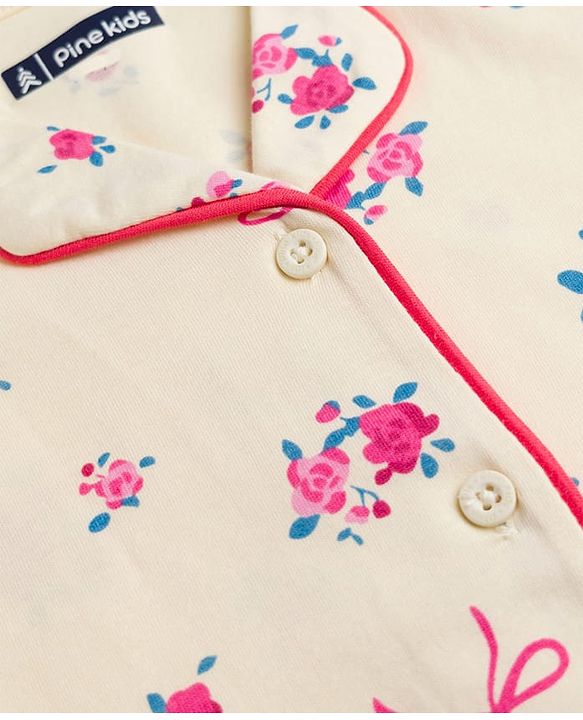 Pine Kids 100% Cotton Knit Half Sleeves Shirt & Pyjama Night Suit With Floral Print & Bio Finish - Cream