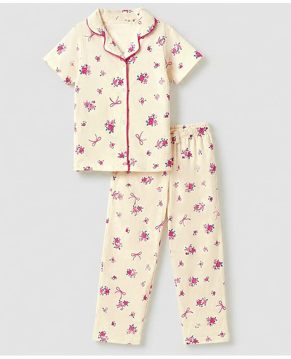 Pine Kids 100% Cotton Knit Half Sleeves Shirt & Pyjama Night Suit With Floral Print & Bio Finish - Cream