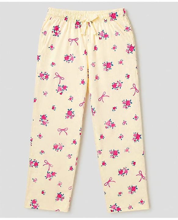 Pine Kids 100% Cotton Knit Half Sleeves Shirt & Pyjama Night Suit With Floral Print & Bio Finish - Cream