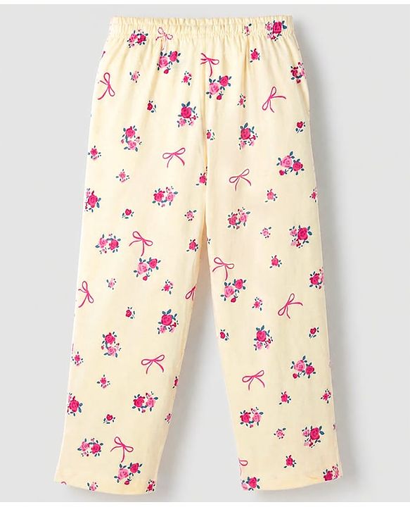 Pine Kids 100% Cotton Knit Half Sleeves Shirt & Pyjama Night Suit With Floral Print & Bio Finish - Cream