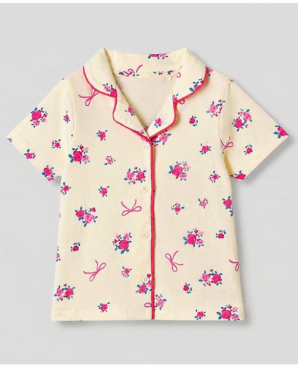 Pine Kids 100% Cotton Knit Half Sleeves Shirt & Pyjama Night Suit With Floral Print & Bio Finish - Cream