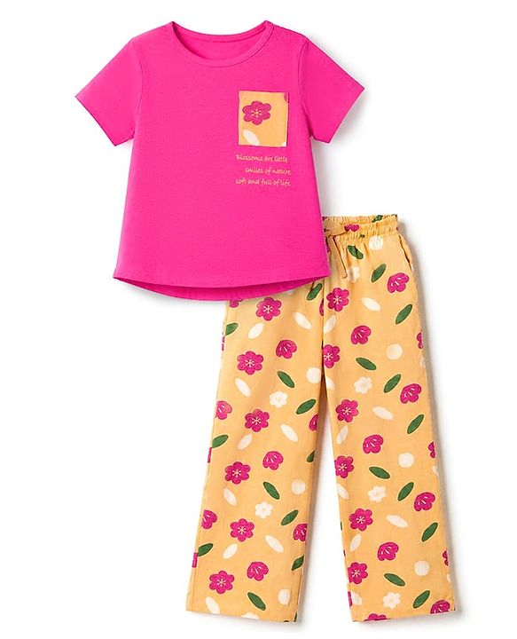 Pine Kids 100% Cotton Knit Full Sleeves Top & Pyjama Night Suit With Floral Print in Pink