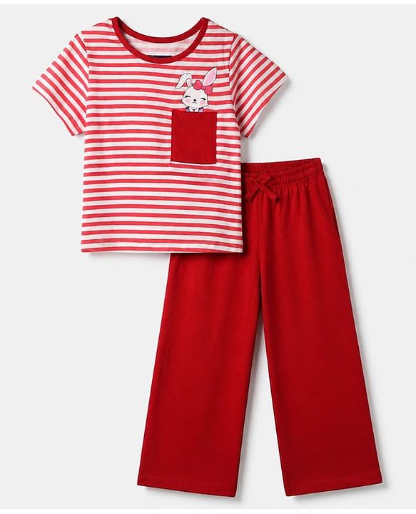 Pine Kids 100% Cotton Knit T-Shirt & Pyjama Night Suit With Bunny Print -White