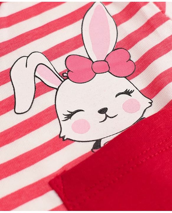 Pine Kids 100% Cotton Knit T-Shirt & Pyjama Night Suit With Bunny Print -White