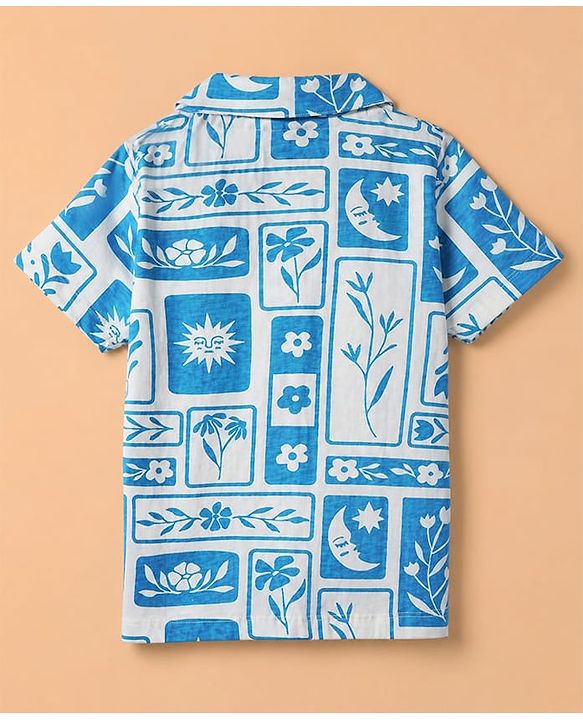 Pine Kids 100% Cotton Knit Half Sleeves Shirt & Pyjama Night Suit With Floral Print & Bio Finish - Blue