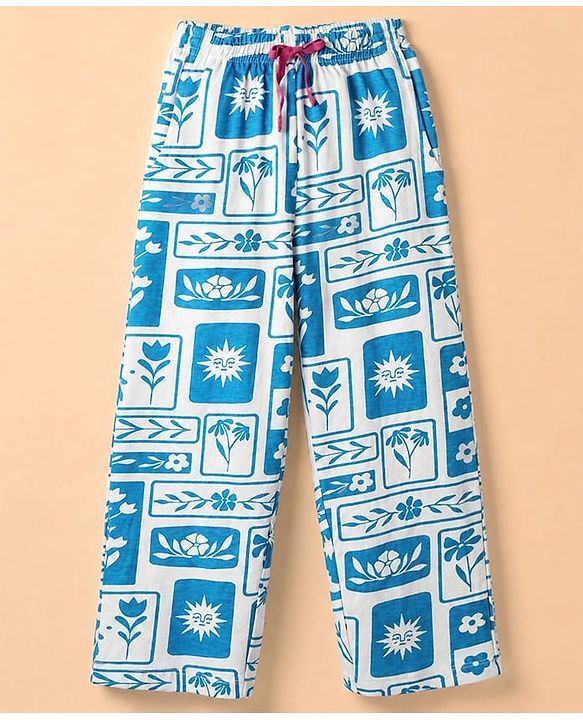 Pine Kids 100% Cotton Knit Half Sleeves Shirt & Pyjama Night Suit With Floral Print & Bio Finish - Blue