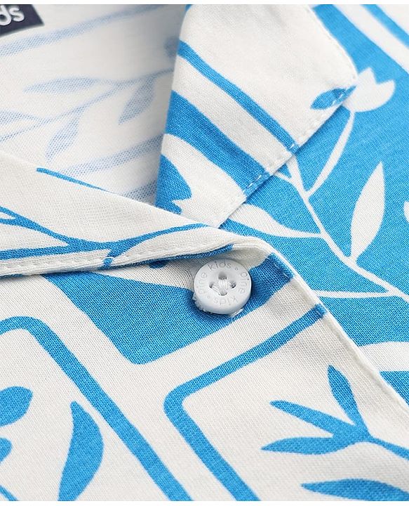 Pine Kids 100% Cotton Knit Half Sleeves Shirt & Pyjama Night Suit With Floral Print & Bio Finish - Blue