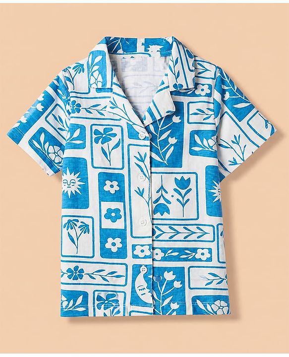 Pine Kids 100% Cotton Knit Half Sleeves Shirt & Pyjama Night Suit With Floral Print & Bio Finish - Blue