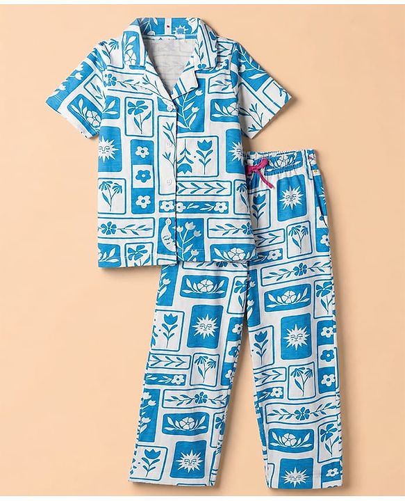 Pine Kids 100% Cotton Knit Half Sleeves Shirt & Pyjama Night Suit With Floral Print & Bio Finish - Blue