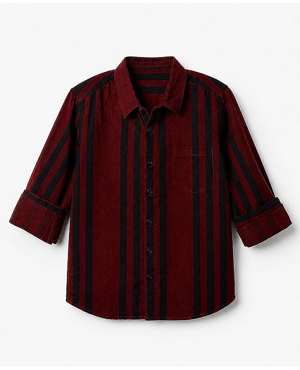 Pine Kids 100% Cotton Woven Shirt with Full Sleeves and Stripes Print - Maroon