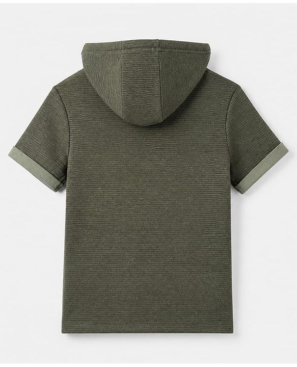 Pine Kids Cotton Mix Knit Solid Hooded T-Shirt with Half Sleeves and Kangaroo Pocket in Olive Green