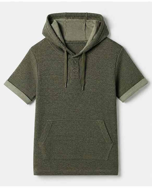 Pine Kids Cotton Mix Knit Solid Hooded T-Shirt with Half Sleeves and Kangaroo Pocket in Olive Green