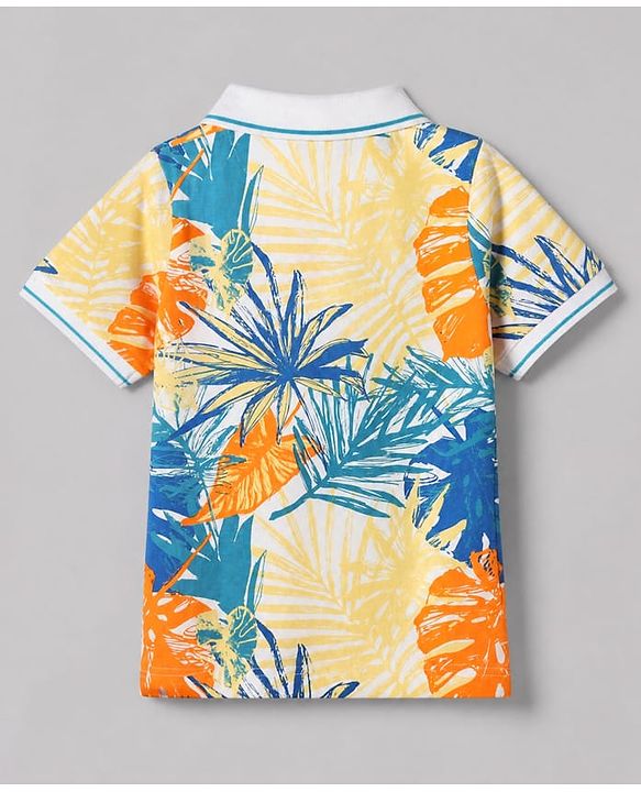 Pine Kids 100% Cotton Knit Polo T-shirt with Half Sleeves and Tropical Print in White
