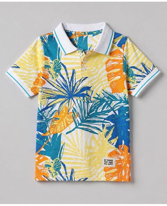 Pine Kids 100% Cotton Knit Polo T-shirt with Half Sleeves and Tropical Print in White