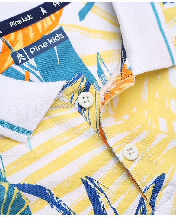 Pine Kids 100% Cotton Knit Polo T-shirt with Half Sleeves and Tropical Print in White