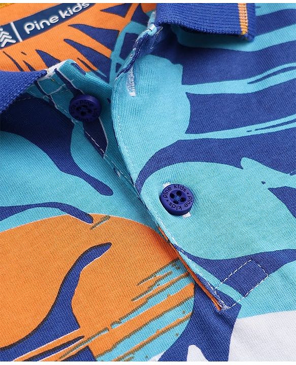 Pine Kids Cotton Knit Half Sleeves Polo T-Shirt with Tropical Print in Navy Blue
