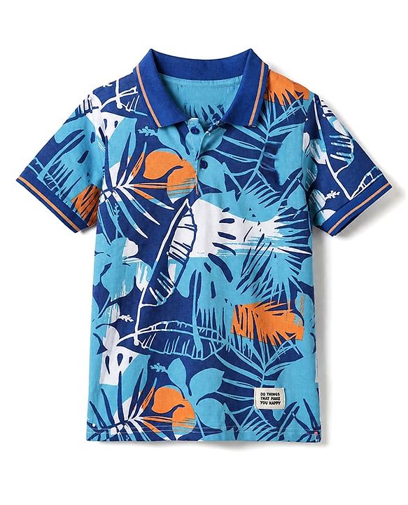 Pine Kids Cotton Knit Half Sleeves Polo T-Shirt with Tropical Print in Navy Blue