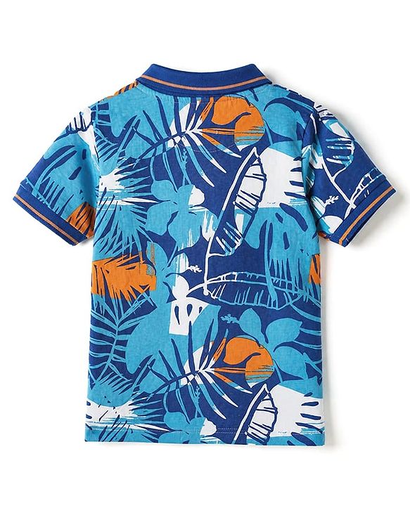 Pine Kids Cotton Knit Half Sleeves Polo T-Shirt with Tropical Print in Navy Blue