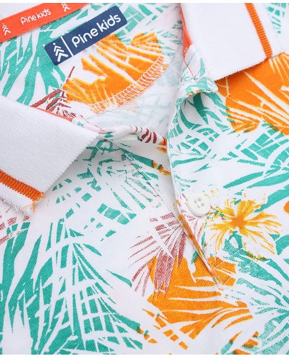 Pine Kids 100% Cotton Knit Polo T-shirt with Half Sleeves and Tropical Print in White