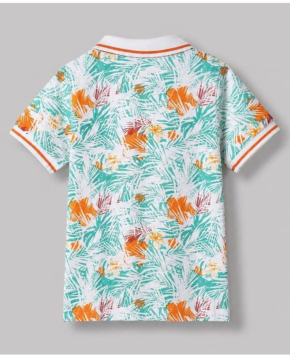 Pine Kids 100% Cotton Knit Polo T-shirt with Half Sleeves and Tropical Print in White