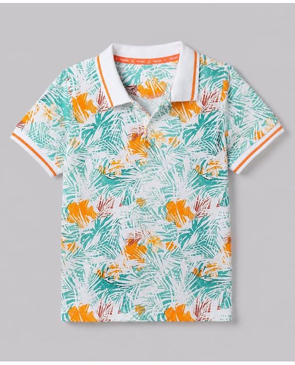 Pine Kids 100% Cotton Knit Polo T-shirt with Half Sleeves and Tropical Print in White