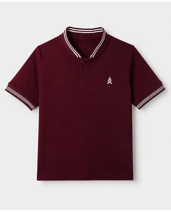 Pine Kids Cotton Mix Knit Half Sleeves T-Shirt with Logo Embroidery in Wine