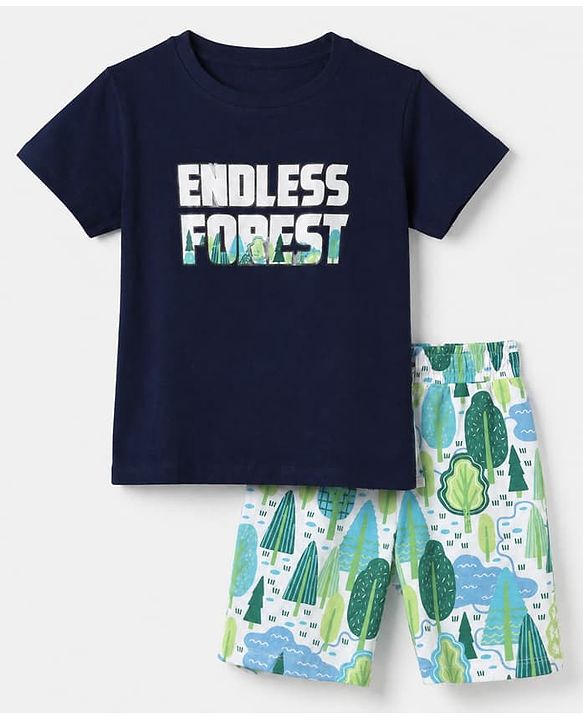Pine Kids 100% Cotton Single Jersery Knit 180 GSM Half Sleeves T-Shirt & Short Night Suit With Endless Forest Text Print & Bio Wash - Blue