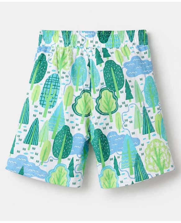 Pine Kids 100% Cotton Single Jersery Knit 180 GSM Half Sleeves T-Shirt & Short Night Suit With Endless Forest Text Print & Bio Wash - Blue