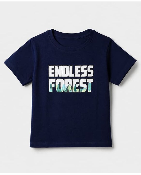Pine Kids 100% Cotton Single Jersery Knit 180 GSM Half Sleeves T-Shirt & Short Night Suit With Endless Forest Text Print & Bio Wash - Blue