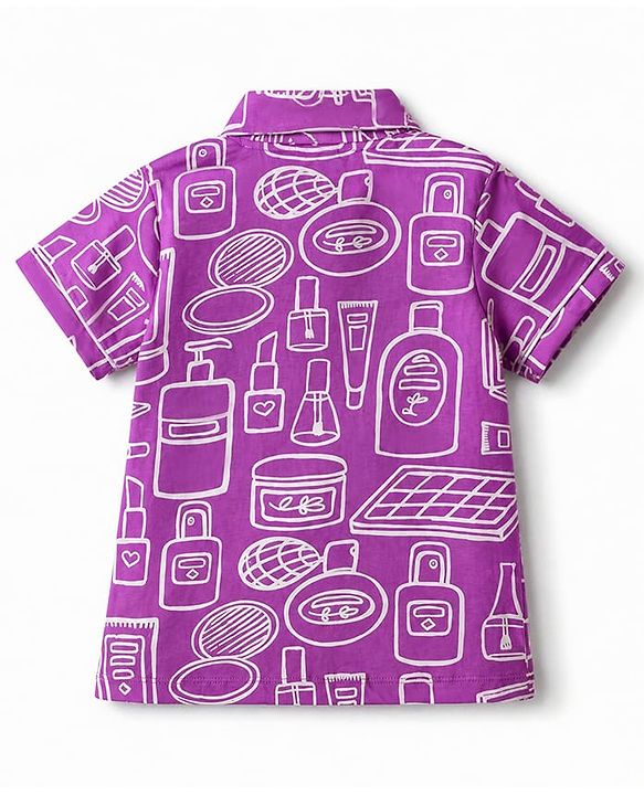 Pine Kids 100% Cotton Knit Half Sleeves Co-Ords Shirt & Pajama Night Suit With Fashion Kit Print - Purple