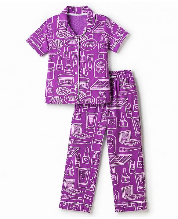 Pine Kids 100% Cotton Knit Half Sleeves Co-Ords Shirt & Pajama Night Suit With Fashion Kit Print - Purple