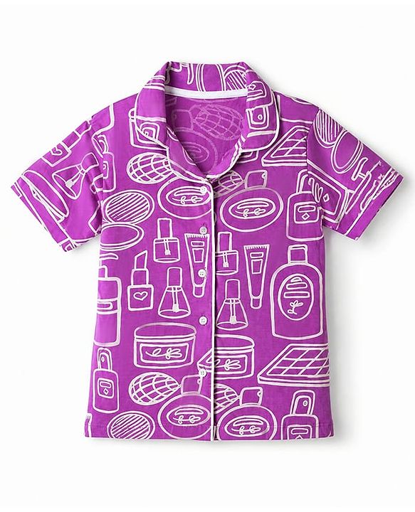 Pine Kids 100% Cotton Knit Half Sleeves Co-Ords Shirt & Pajama Night Suit With Fashion Kit Print - Purple