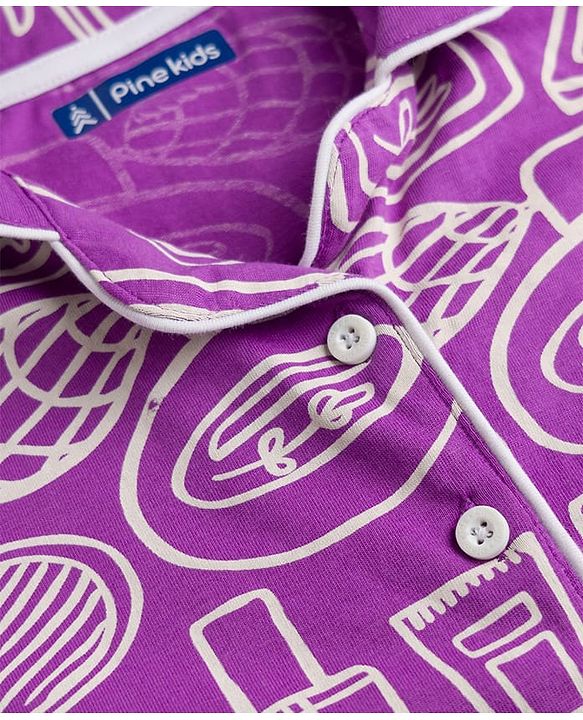Pine Kids 100% Cotton Knit Half Sleeves Co-Ords Shirt & Pajama Night Suit With Fashion Kit Print - Purple