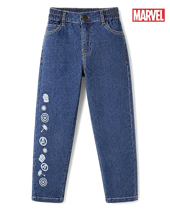 Pine Kids Marvel Denim Full Length Jeans with Superhero Symbols Print in Blue