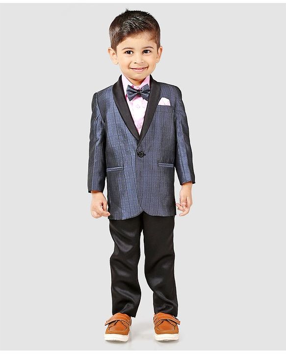 Babyhug Full Sleeves Three Piece Party Suit With Bow - Blue