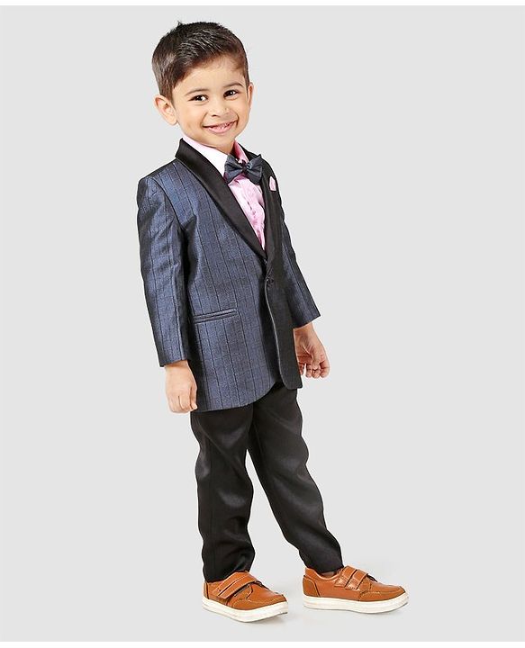 Babyhug Full Sleeves Three Piece Party Suit With Bow - Blue