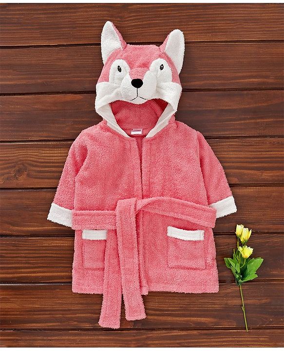 Babyhug Cotton Full Sleeves Hooded Bath Robe Fox Design - Peach