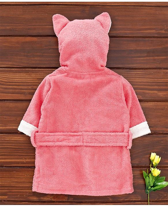 Babyhug Cotton Full Sleeves Hooded Bath Robe Fox Design - Peach