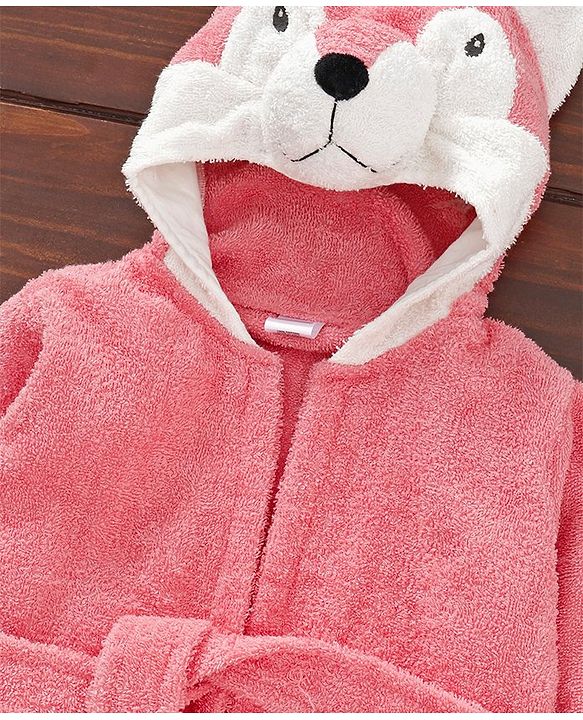 Babyhug Cotton Full Sleeves Hooded Bath Robe Fox Design - Peach