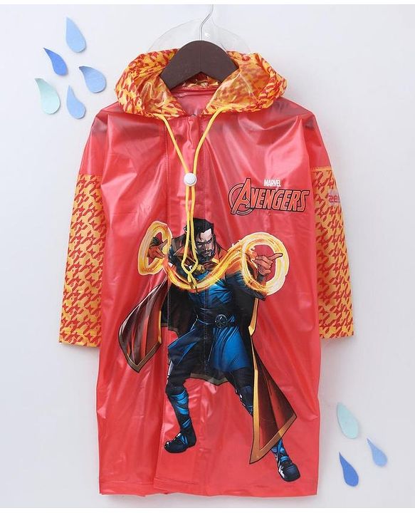 Babyhug Full Sleeves Hooded Raincoat With School Bag Provision Avengers Print - Red