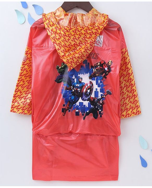 Babyhug Full Sleeves Hooded Raincoat With School Bag Provision Avengers Print - Red