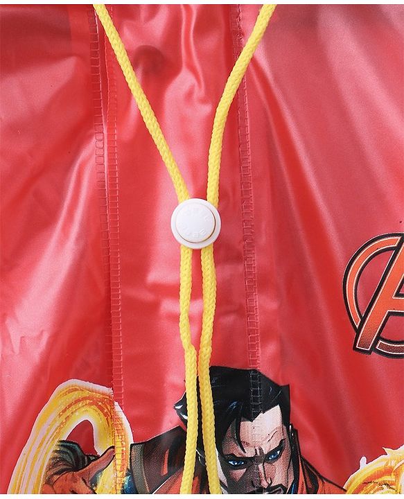 Babyhug Full Sleeves Hooded Raincoat With School Bag Provision Avengers Print - Red