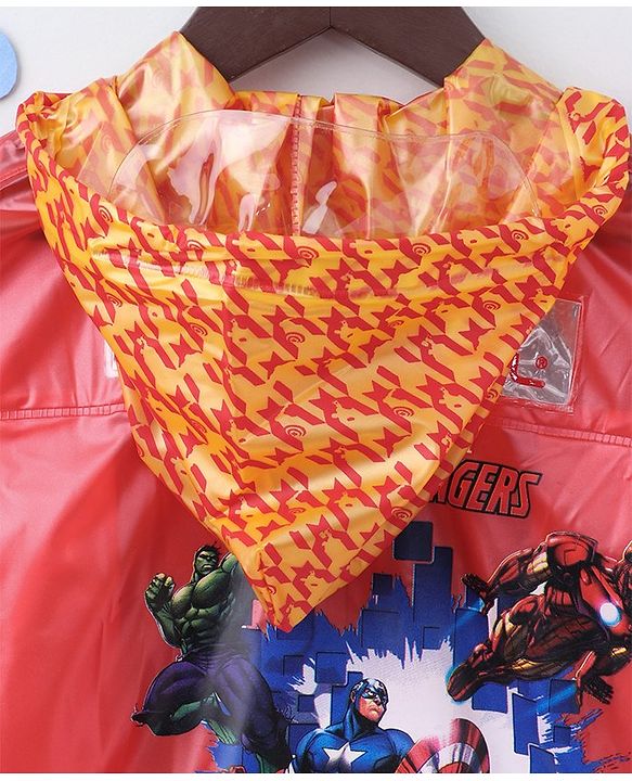 Babyhug Full Sleeves Hooded Raincoat With School Bag Provision Avengers Print - Red