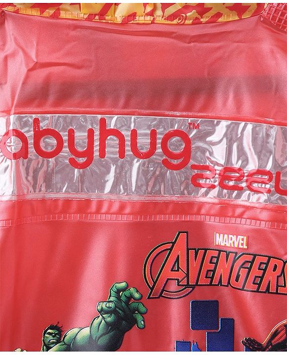 Babyhug Full Sleeves Hooded Raincoat With School Bag Provision Avengers Print - Red