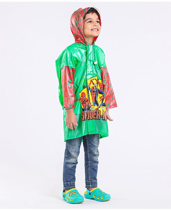 Babyhug Full Sleeves Hooded Raincoat With School Bag Provision Spider Man Print - Green Red