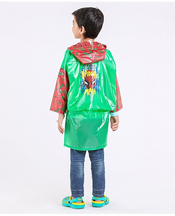 Babyhug Full Sleeves Hooded Raincoat With School Bag Provision Spider Man Print - Green Red